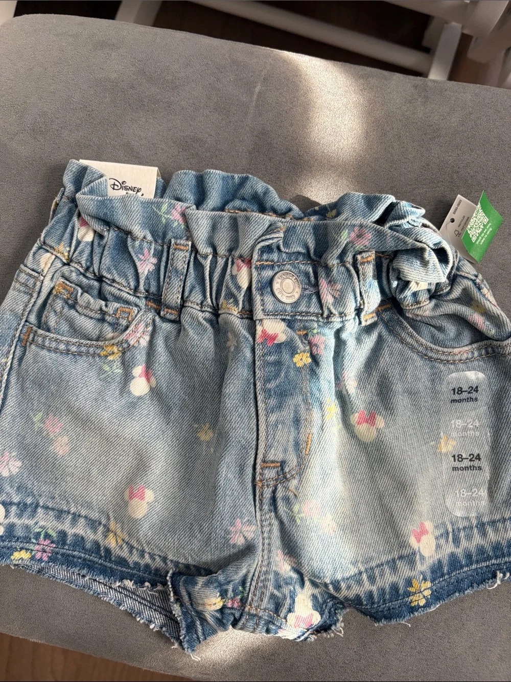 GAP Light Blue Denim Paperbag Shorts with Floral & Minnie Bow Print